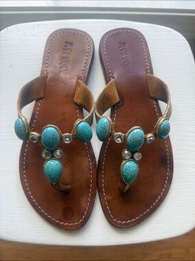 K.Jacques Brown Leather Sandals with Turquoise Stones
